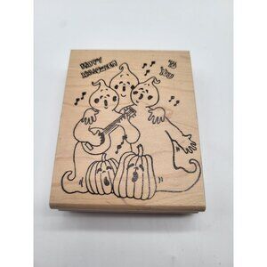 Holly Berry House Happy Halloween to You Singing Ghosts Wood Mount Rubber Stamp